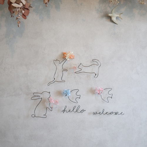 お花を運ぶねこちゃん.:* 玄関 北欧 ナチュラル ワイヤーアート ニッチ