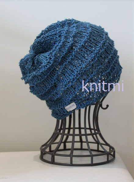 男女兼用【北欧リネン100%】涼しいニット帽子　しめつけなし★軽い　デニムカラー　青