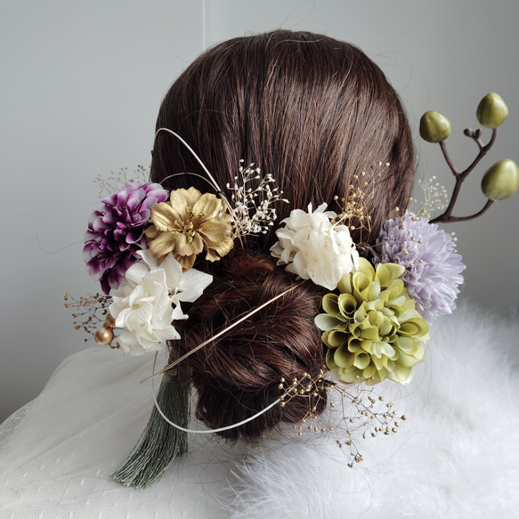 くすみ緑と紫の結婚式髪飾り 白無垢 成人式 卒業式 結婚式 振袖 着物