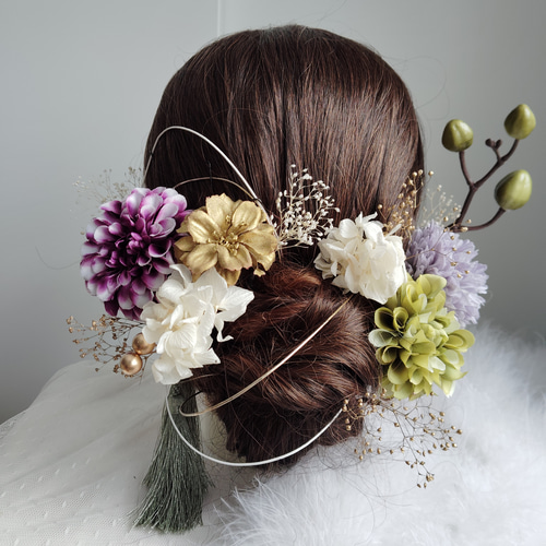 くすみ緑と紫の結婚式髪飾り 白無垢 成人式 卒業式 結婚式 振袖 着物