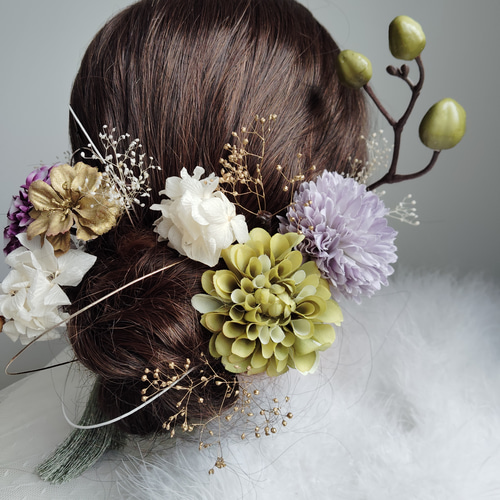 くすみ緑と紫の結婚式髪飾り 白無垢 成人式 卒業式 結婚式 振袖 着物