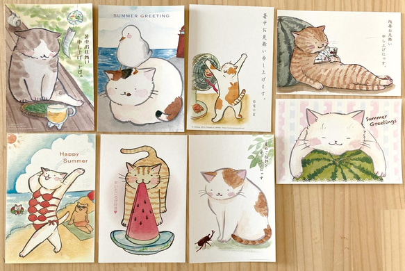 猫のポストカード：猫な夏：お得８枚セット 1枚目の画像