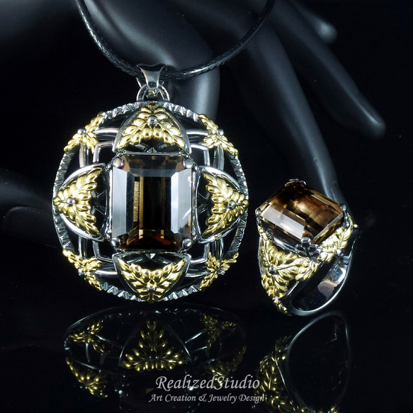 Smoky Quartz Gold Plated Silver 925 Pendant and Ring Set 1枚目の画像