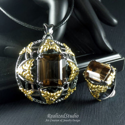 Smoky Quartz Gold Plated Silver 925 Pendant and Ring Set 5枚目の画像