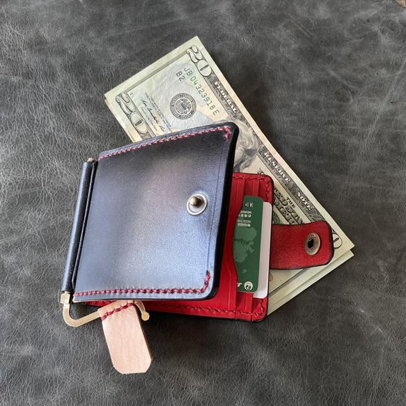 【黑紅染】85mm寬扁錢夾4卡+多口袋鈔票剪刀 MC-10bk 鞣革 第1張的照片