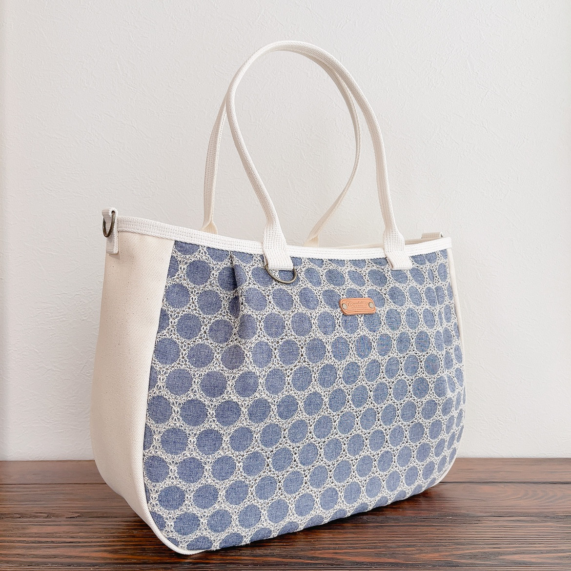 ♥️大♥️ころりんバッグ　トートバッグ　ダンガリーコットンレース　2WAY A4 斜め掛け 大きめ 帆布 刺繍