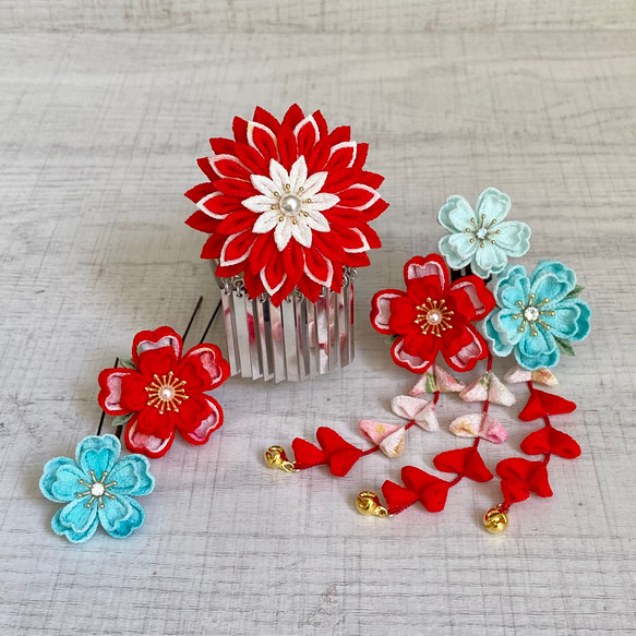 つまみ細工髪飾り 七五三のかんざしセット *パッチンピン*水色