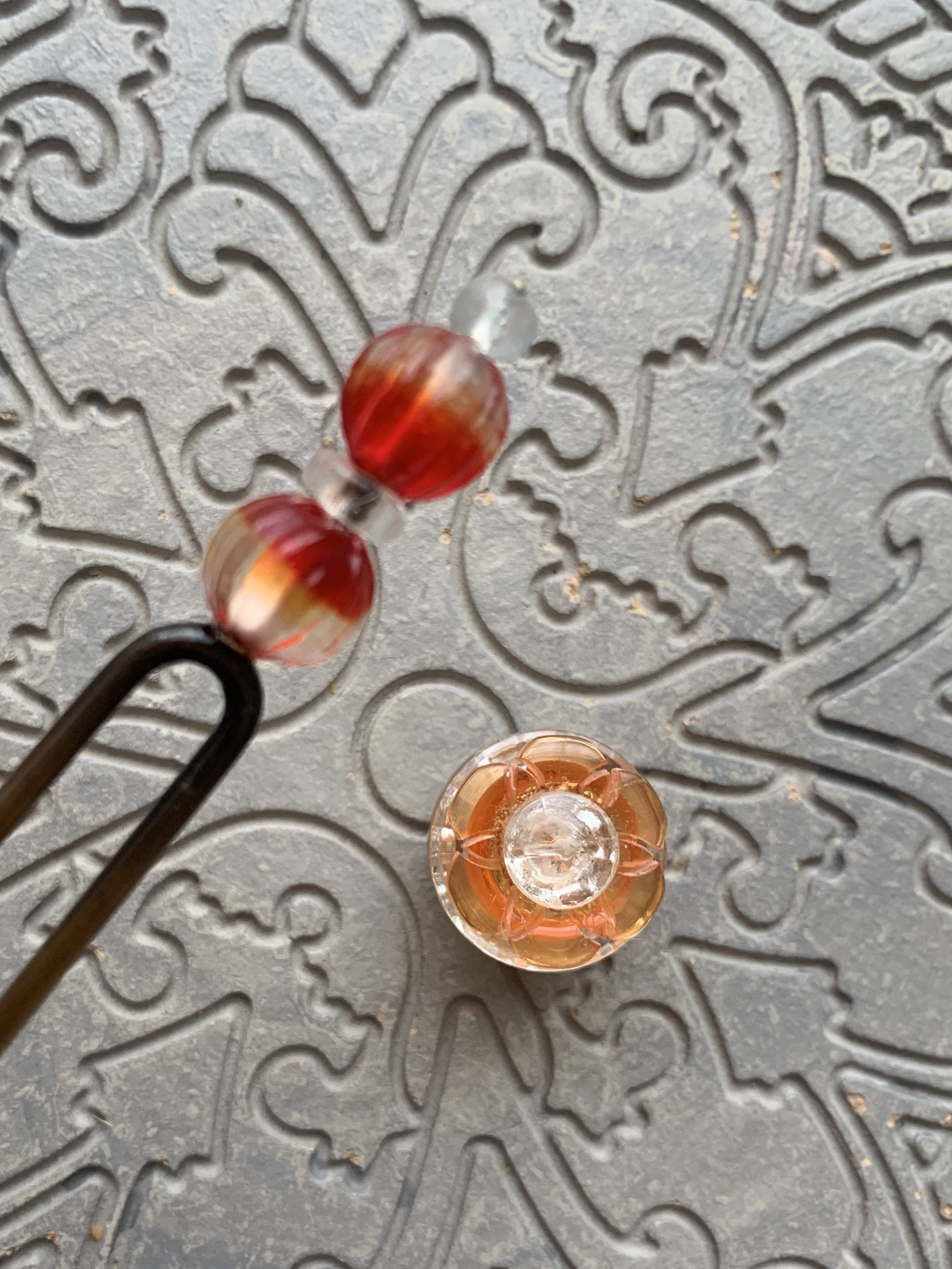 アンティーク素材のノスタルジックな玉かんざし・帯留めセット「夏祭り」