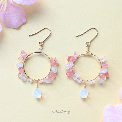 ローズクォーツ・チェリークォーツのフープピアス（イヤリング