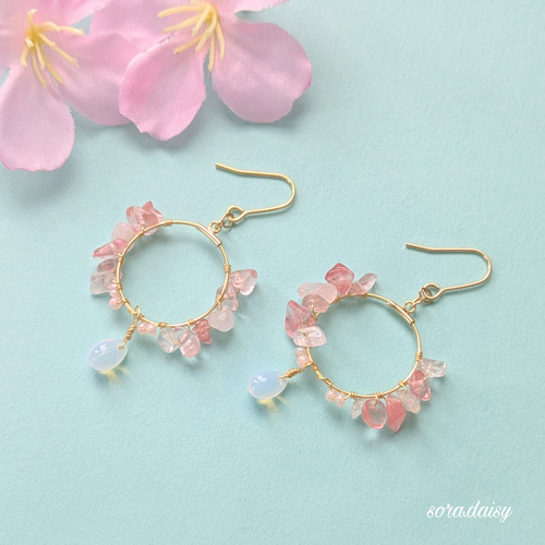 ローズクォーツ・チェリークォーツのフープピアス（イヤリング