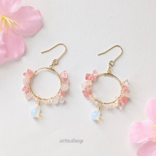 ローズクォーツ・チェリークォーツのフープピアス（イヤリング