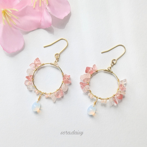 14kgfソーラークォーツハートピアス/イヤリング ローズクォーツ・チェリークォーツのフープピアス（イヤリング