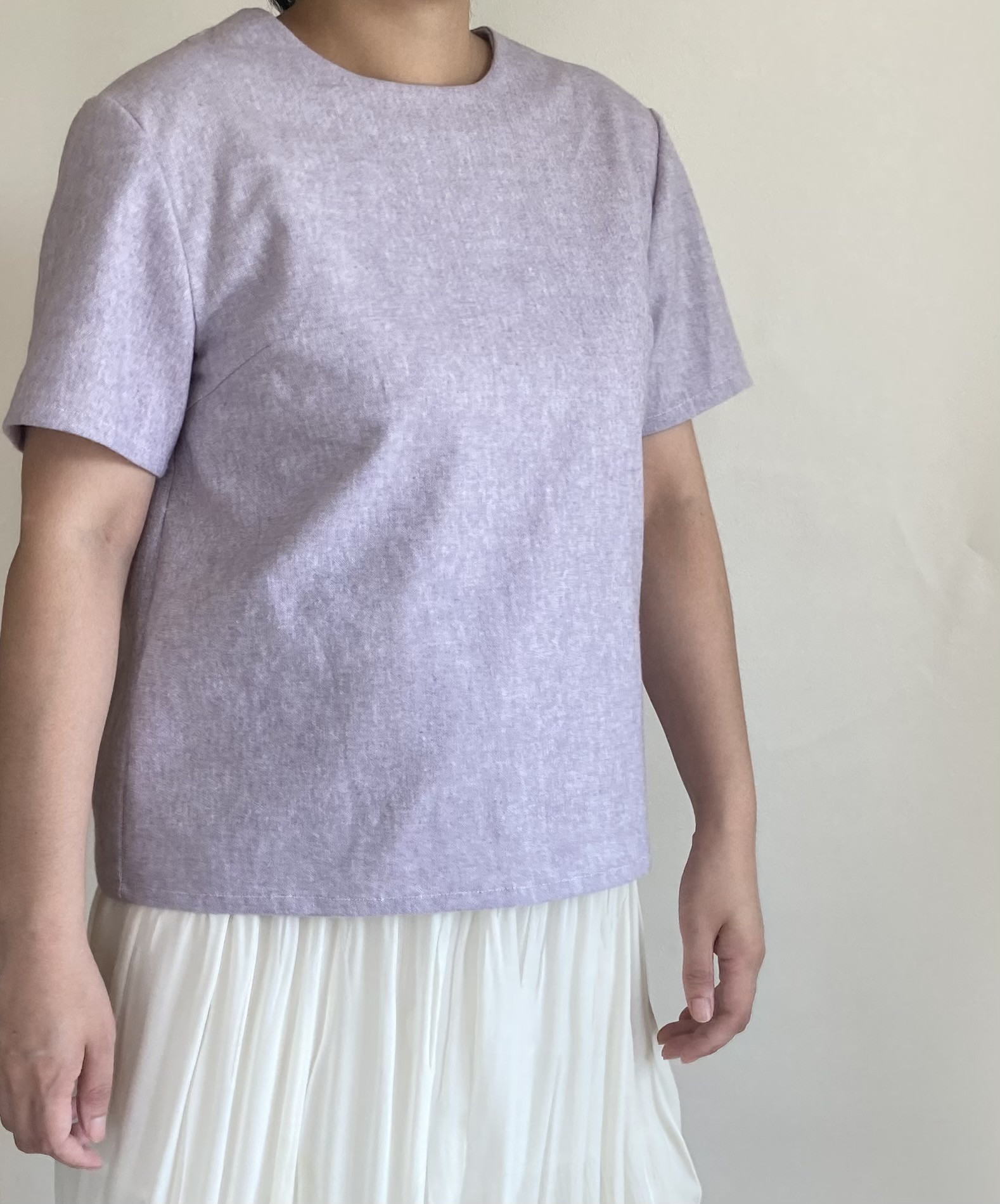 セールコットン透けない体型カバーTブラウス（ラベンダー/半袖・長袖・クルーネック・Vネック）