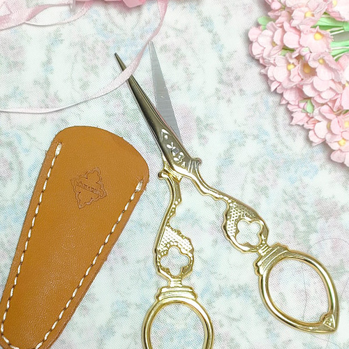 アンティーク調デザインシザー はさみ ゴールド 本革シザーケース付き