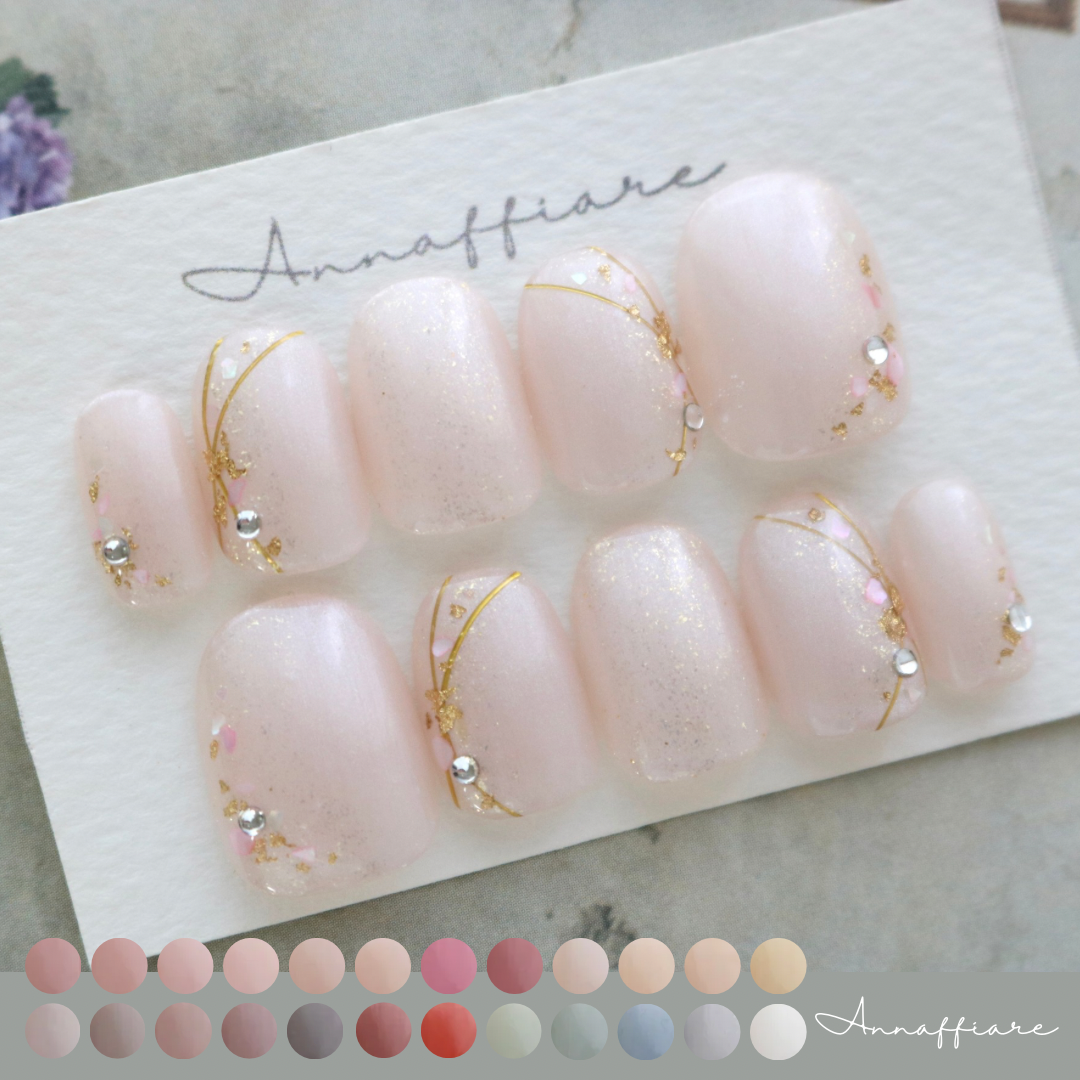 色が選べる♡水引きとシェルのネイルチップ　/Annaffiare 上品シンプル結婚式フォーマルグレイッシュピンクパール