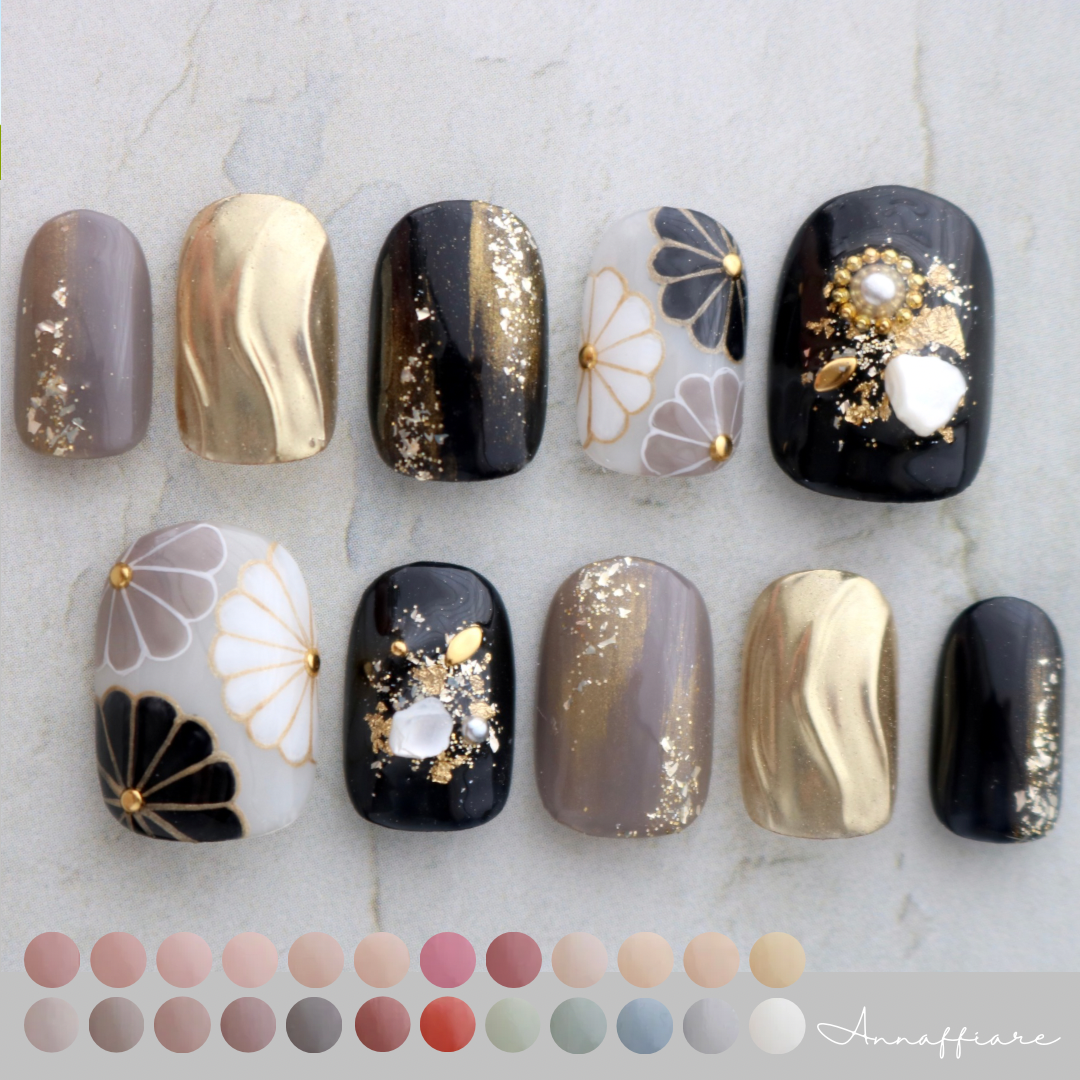 色が選べる♡黒と菊柄ネイルチップ　　/Annaffiare   成人式　振袖　マムシ爪　和柄