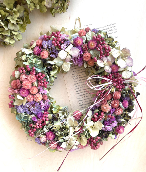 ナチュラルリース　千日紅　紫陽花 ナチュラルリース 千日紅 紫陽花