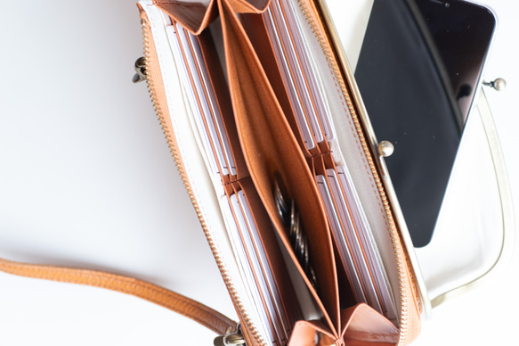 がま口　お財布ショルダー　ブラック　スマホショルダー　レディース　長財布　姫路レザー　日本製　aw-17nns 6枚目の画像