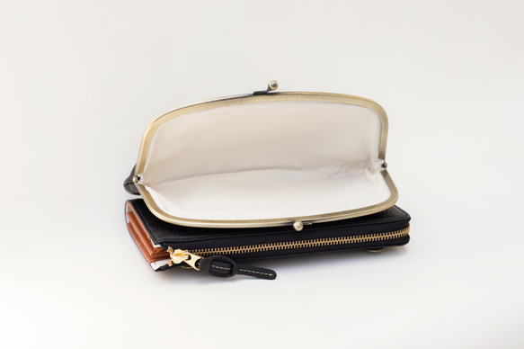 がま口　お財布ショルダー　ブラック　スマホショルダー　レディース　長財布　姫路レザー　日本製　aw-17nns 8枚目の画像