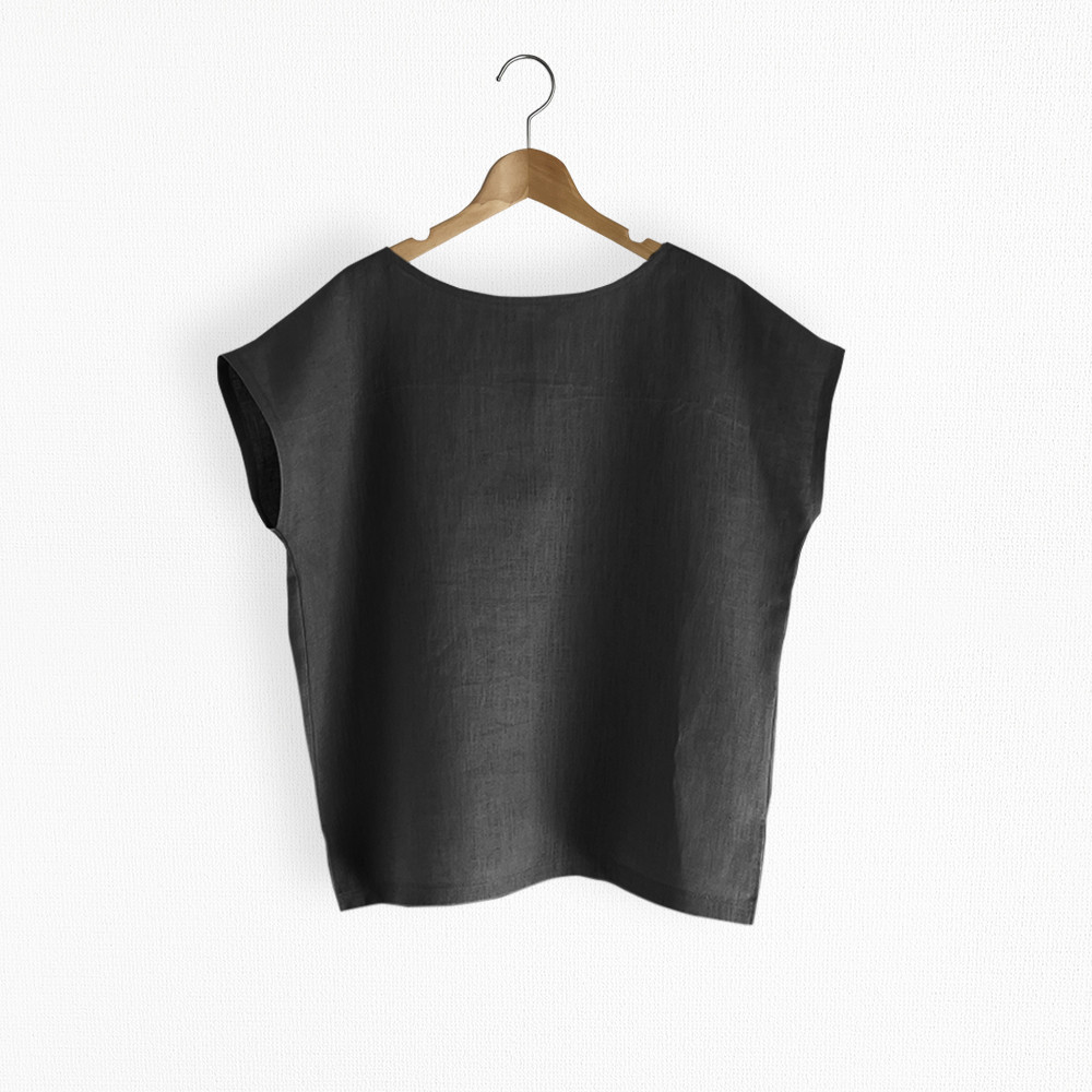 フレンチ袖ボートネックプルオーバー_リネン100%_Black