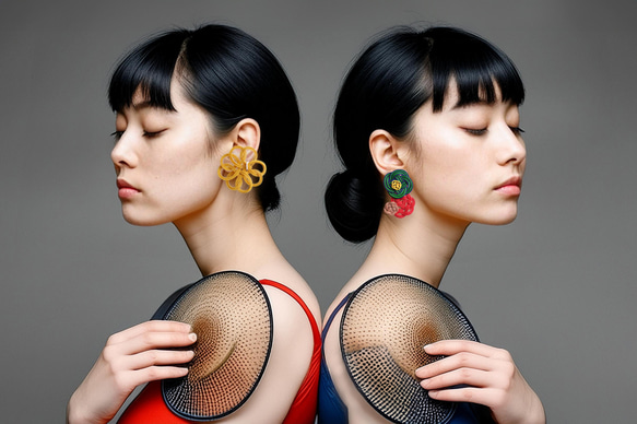 クローバーと花のピアス -Yellow×Navy-　■イヤリング可■ 2枚目の画像