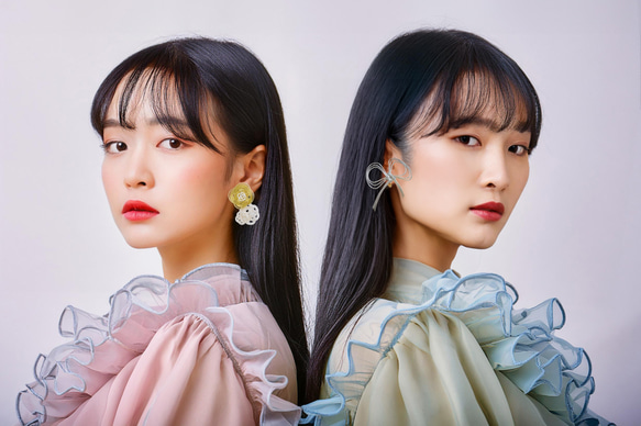 リボンと花のピアス -Silver×Lemon Gold-　■イヤリング可■ 2枚目の画像
