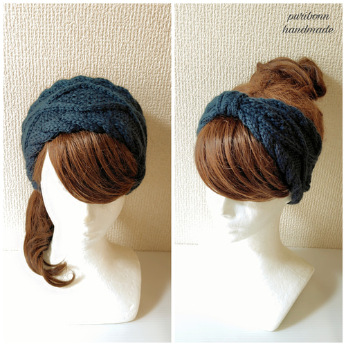 Kinema アーガイルヘアバンド ブラウン 全12色】耳まであったかアラン模様ニットターバン・2wey・ニットヘア