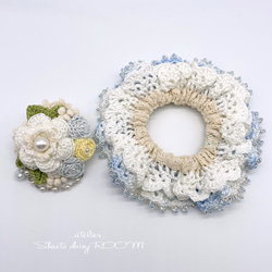 手编 Lace Yarn 绑发橡皮筋(chouchou)with 2way Brooch*white×mix blue 第10張的照片