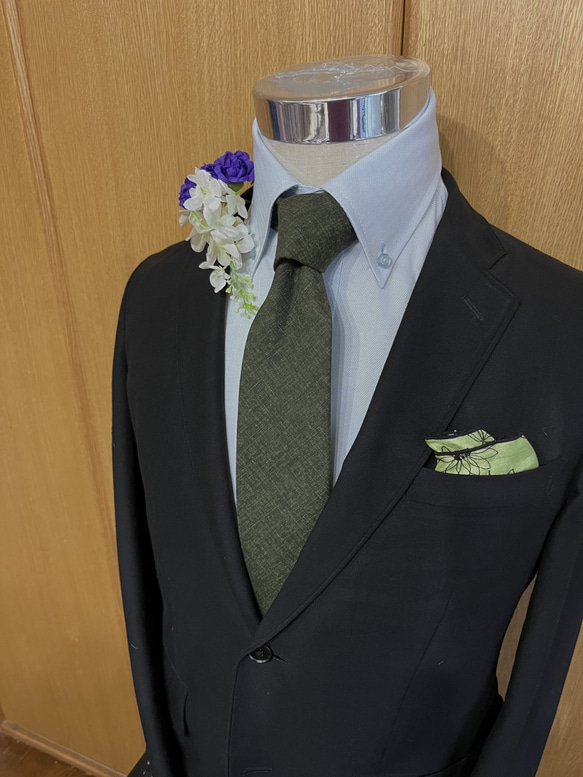 日本の伝統色綿ネクタイ  深緑色 1枚目の画像