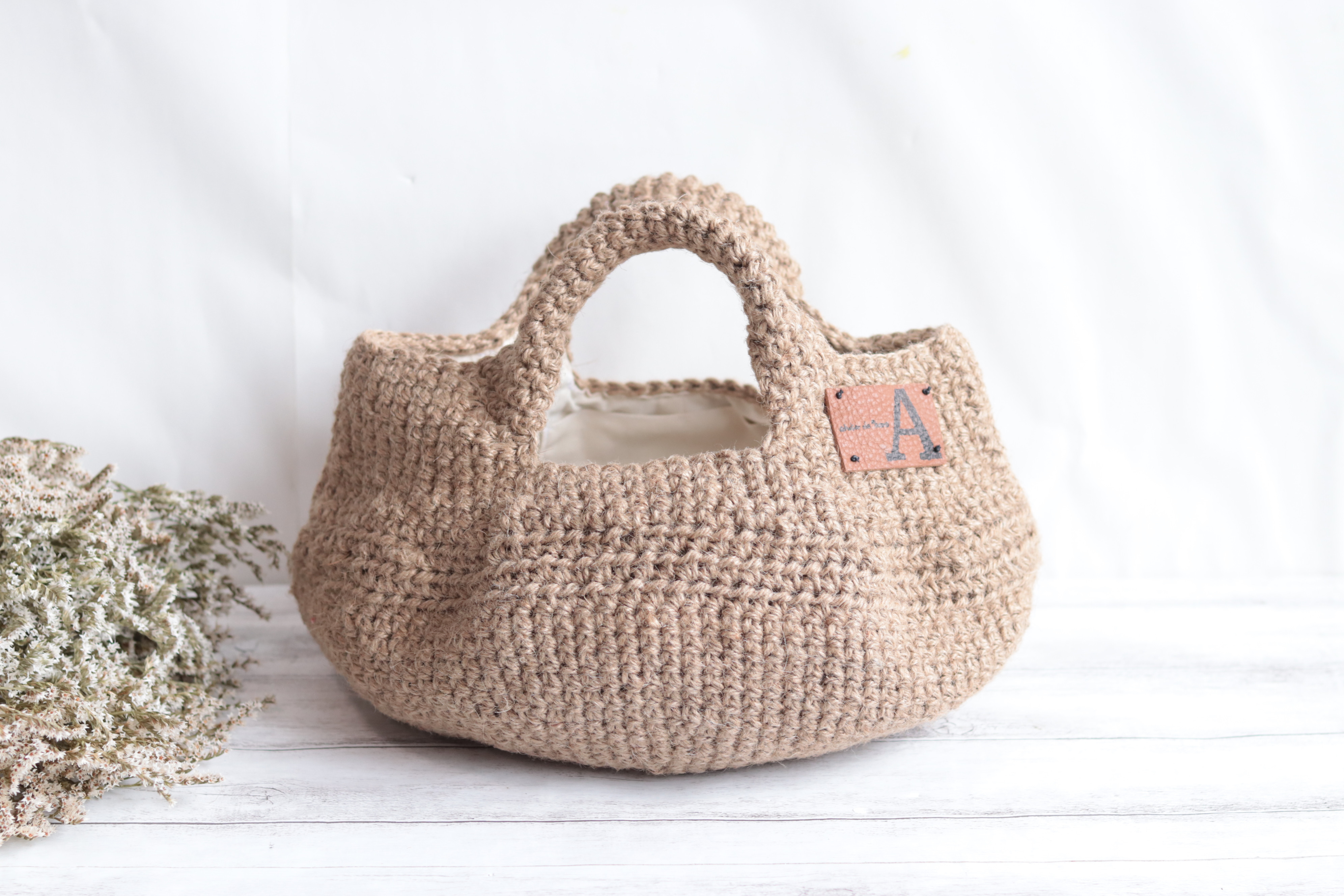【国産JUTE100%】麻ヒモマルシェバッグ(内布付き)＊選べるイニシャル印字レザーワッペン＊贈り物ギフトにも◎