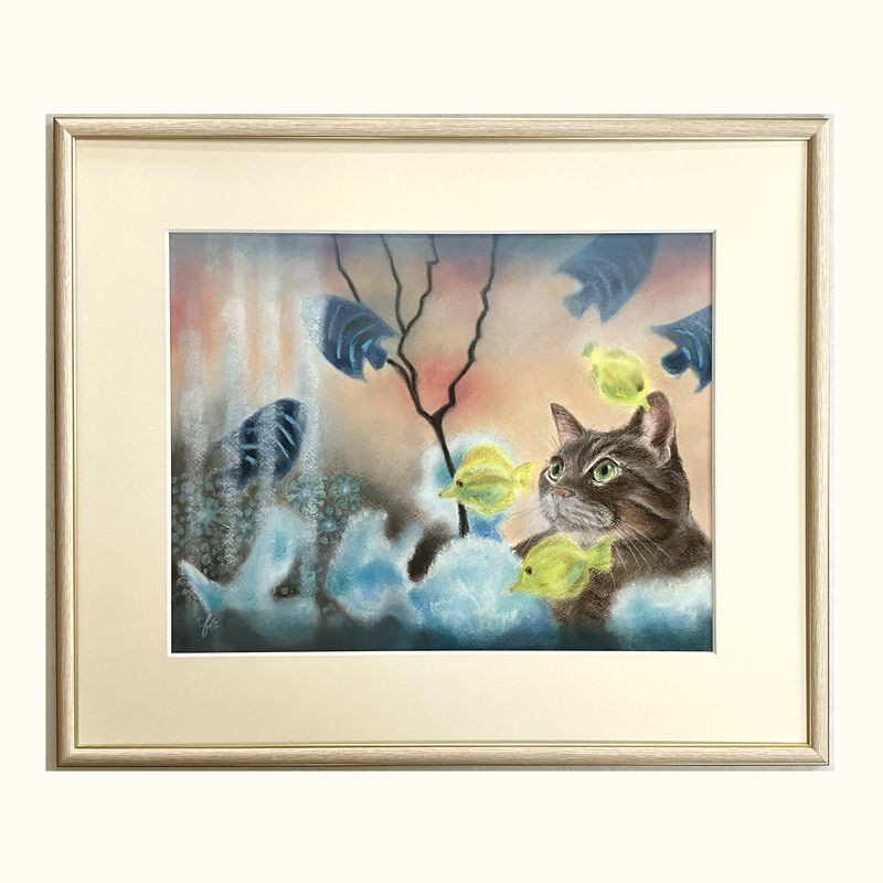 正規激安 6号 ガラスの向こう（パステル画・原画） 絵画 通販 にゃんずら 絵画