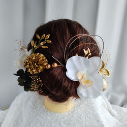 髪飾り 結婚式 成人式 卒業式 百合ゴールド 蝶々 水引 豪華 パール リボン No.236 髪飾り 結婚式 成人式 卒業式 百合ゴールド 金箔