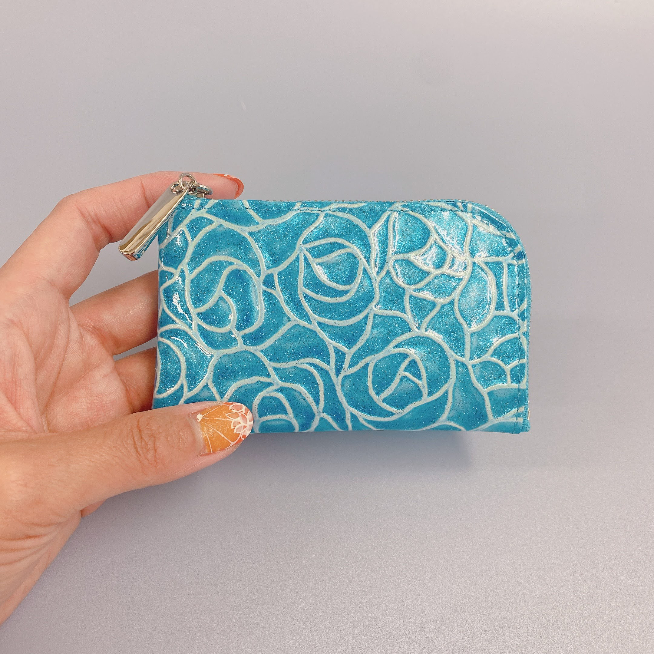お財布にも使えるキーケース エナメル革ローズ〔オーシャンブルー〕スクィーズ スマートキー