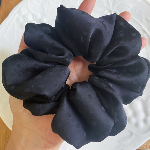 ハンドメイドシュシュM-3772♡ブラックジョーゼット♡リボン付
