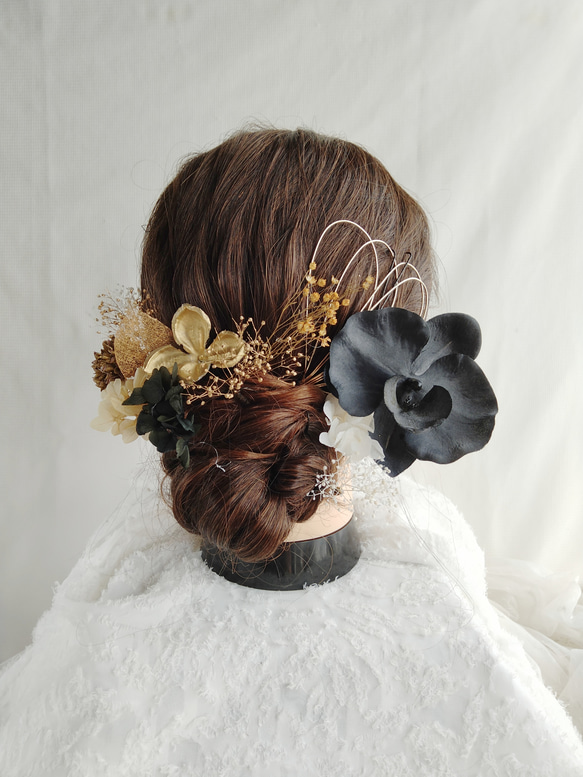 黒い胡蝶蘭 黒の振袖 黒帯 ブラックゴールド 黒金 成人式 卒業式 結婚