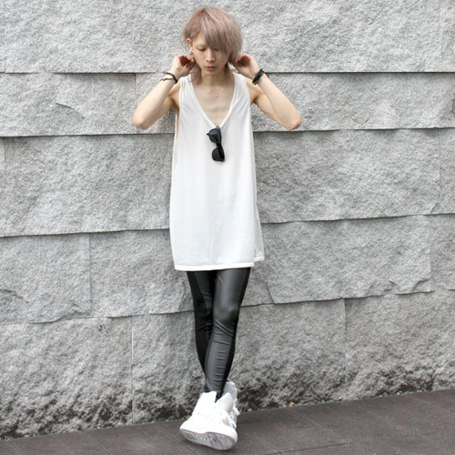 PUレザー切り替えスキニーレギンスパンツ ロングパンツ albino