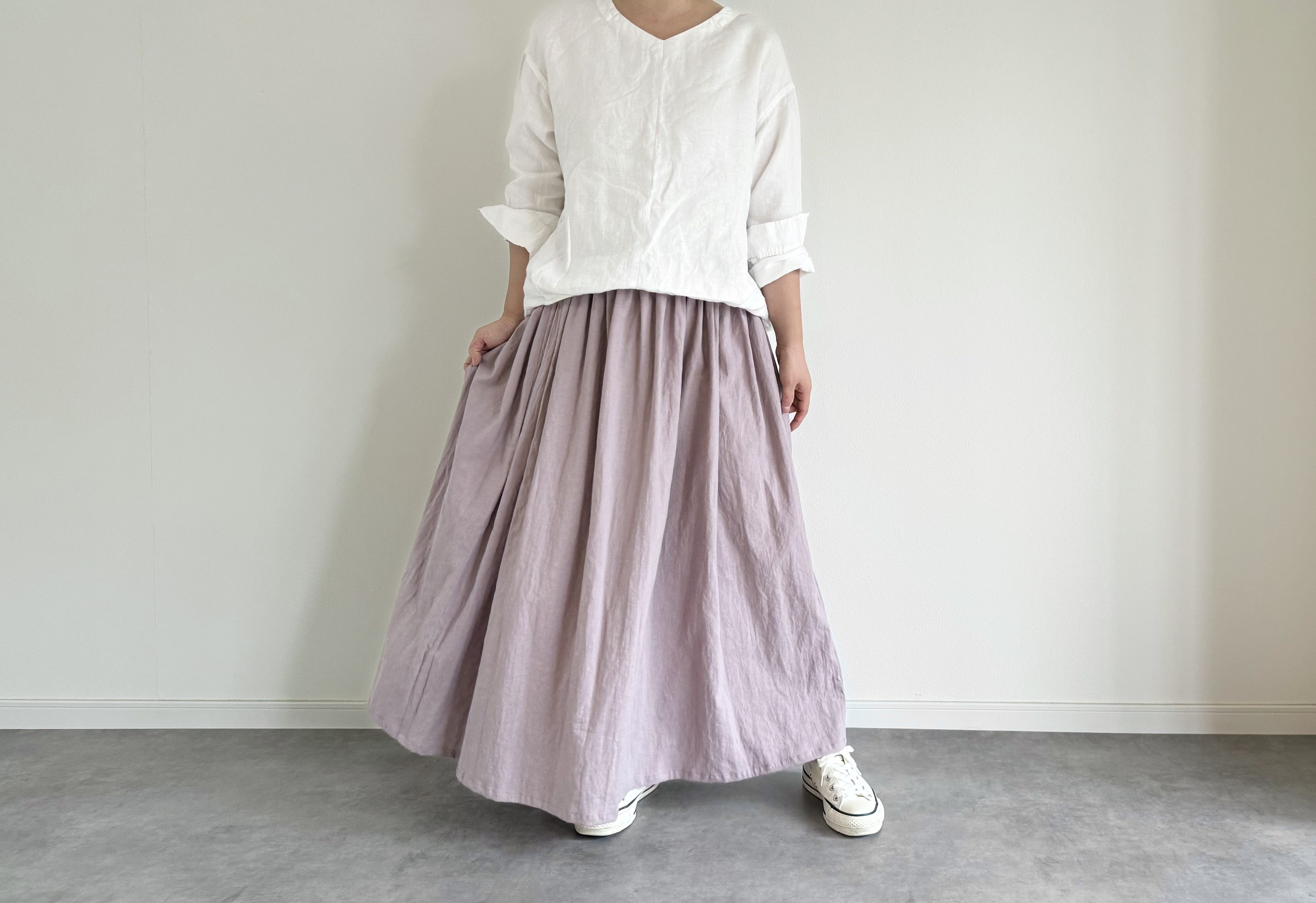 夏にさらりと快適♪ cottonリネンのギャザースカート グレイッシュピンク