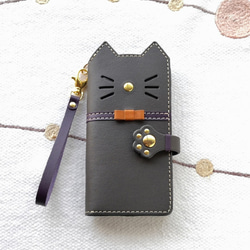 ＊leather sumyaho case＊手帳型 猫のレザースマホケース＊リボン付き＊グレー／全機種 1枚目の画像