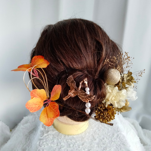 錦秋 金の鶴飾り パール 髪かざり 成人式 卒業式 結婚式 前撮り