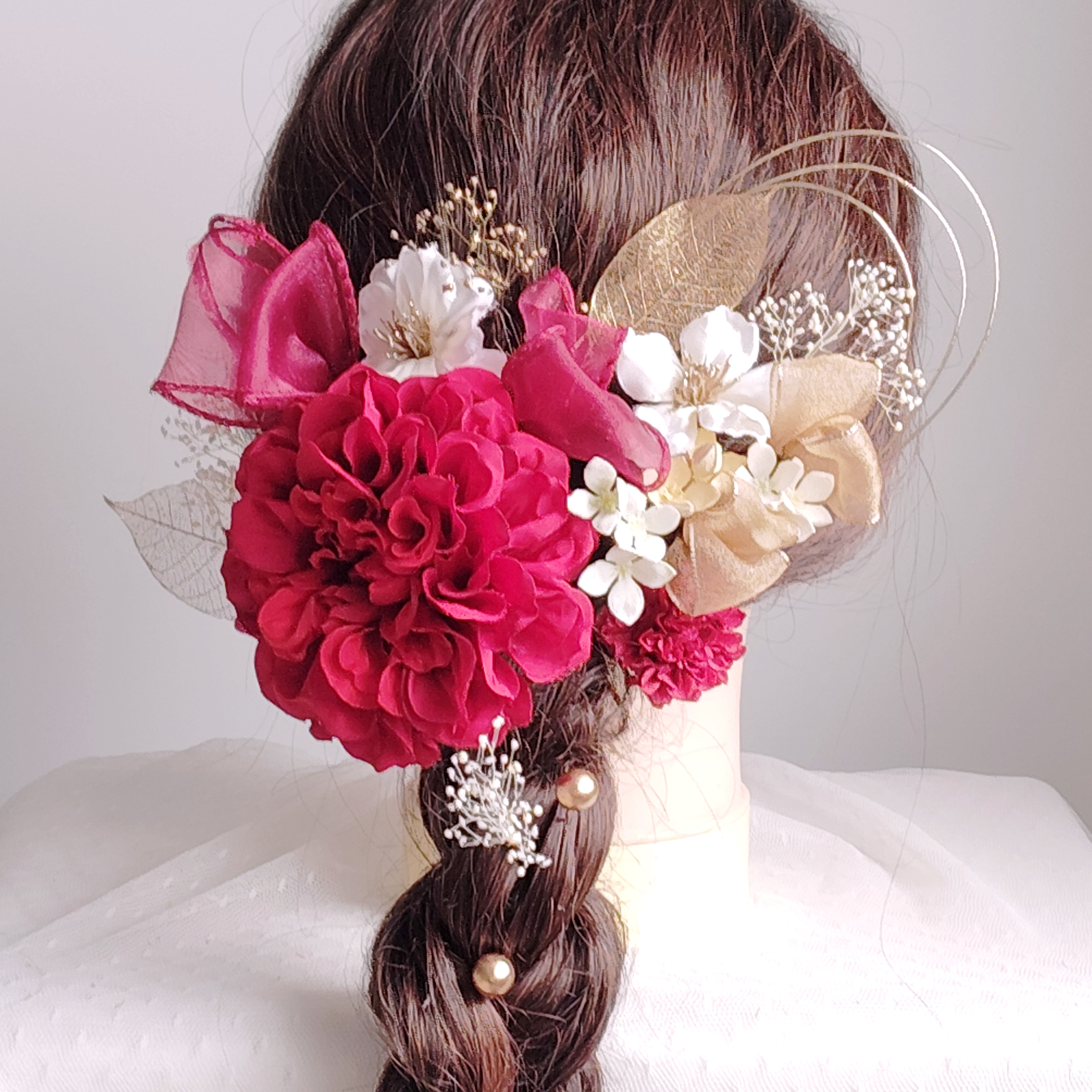 オーガンジーリボンと水引きの髪飾り　結婚式　卒業式　成人式　 髪飾り 　和装　花嫁　白無垢　色打掛　振袖　袴　着物