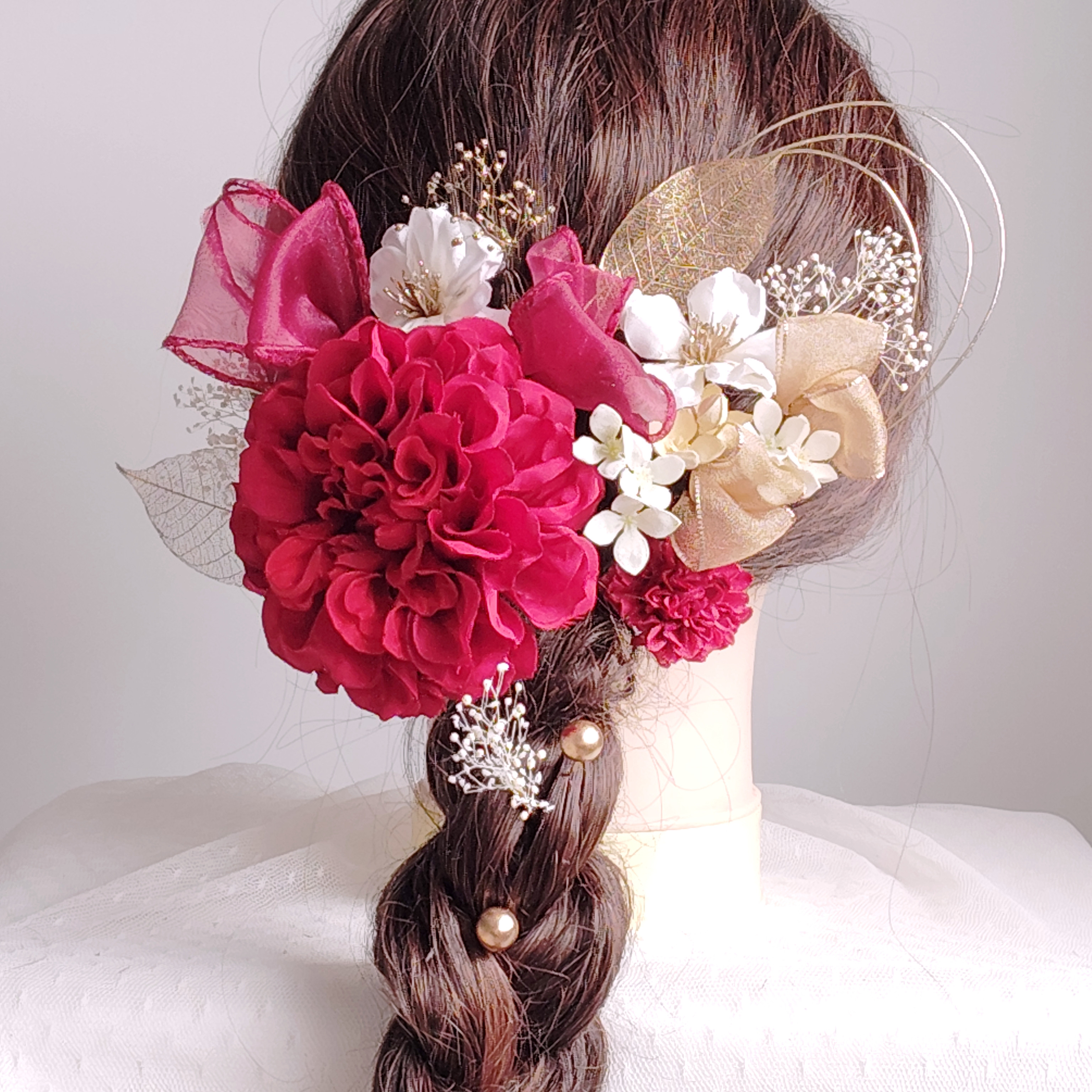 オーガンジーリボンと水引きの髪飾り　結婚式　卒業式　成人式　 髪飾り 　和装　花嫁　白無垢　色打掛　振袖　袴　着物