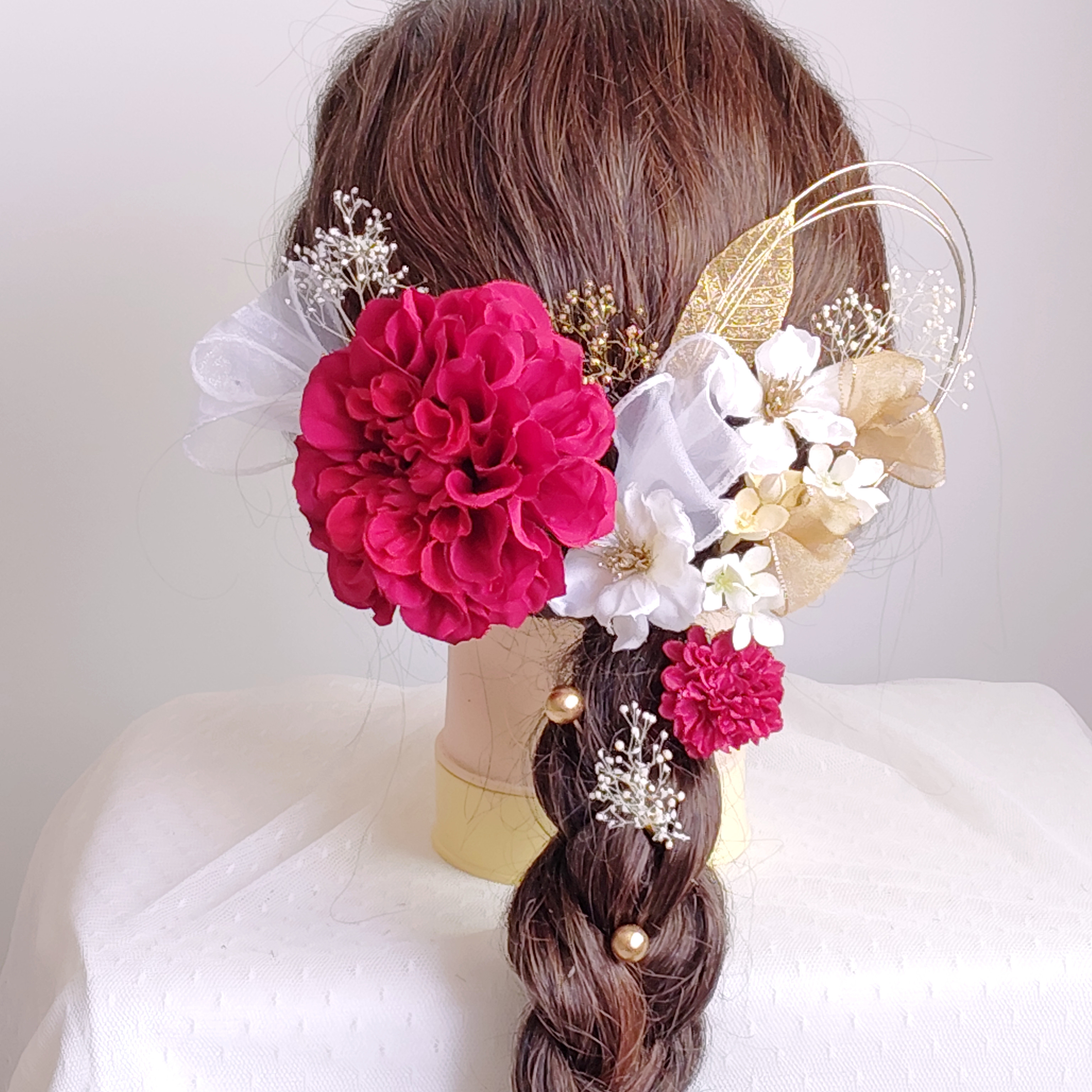 オーガンジーリボンと水引きの髪飾り　結婚式　卒業式　成人式　 髪飾り 　和装　花嫁　白無垢　色打掛　振袖　袴　着物