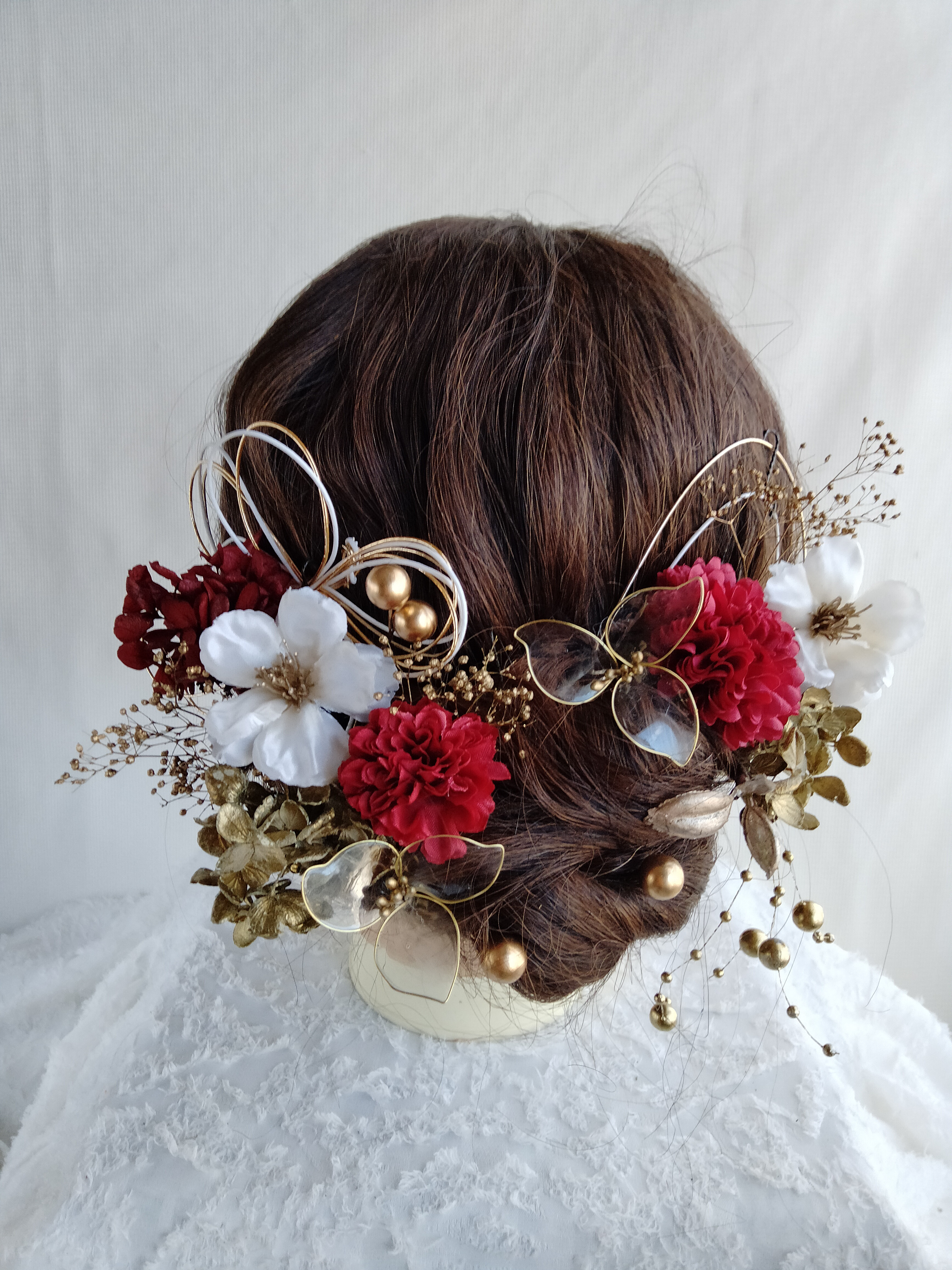 クリアフラワーと水引の林檎の花髪飾り　　アメリカンフラワー　レッドゴールド　水引き　水引アレンジ　水引きアレンジ　成人式