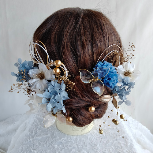 クリアフラワーと水引の林檎の花髪飾り ニュアンスカラー くすみブルー