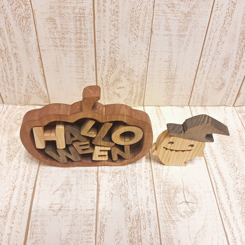 受注制作】オバケとハロウィン文字の木製置物色変更可｜秋飾り