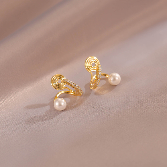 耳環無穿孔耳環流行無痛珍珠珍珠白色金色矽膠套螺旋耳環優雅 第20張的照片