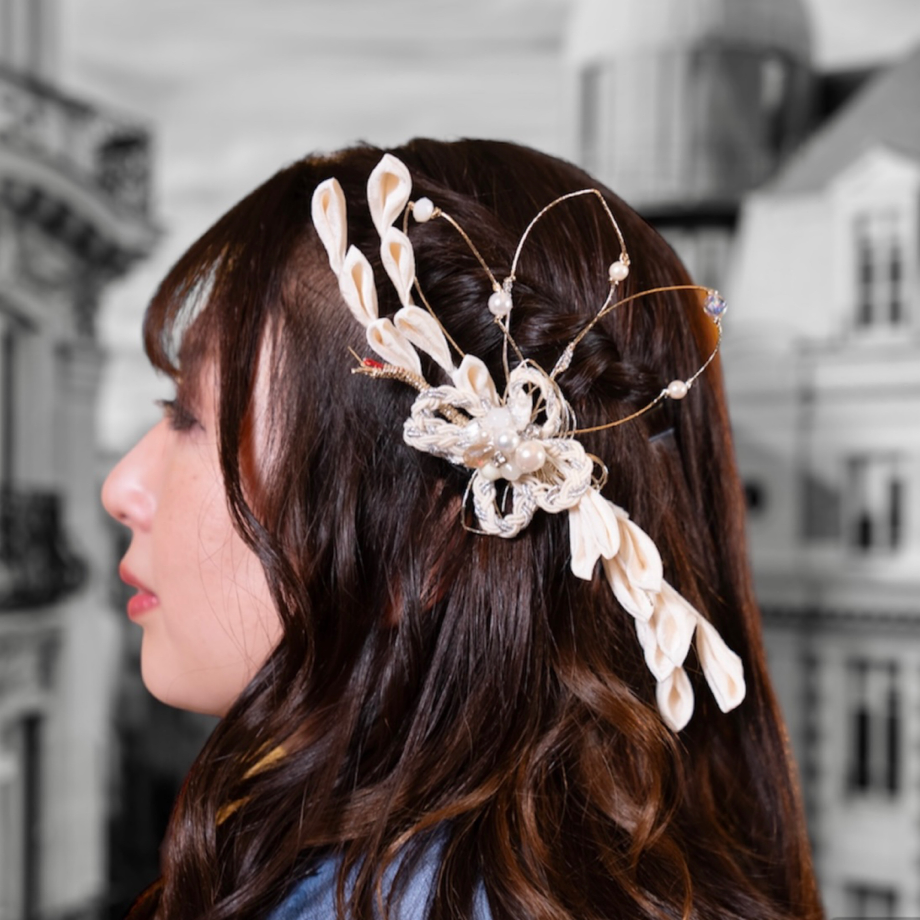 【送料無料】結婚式　ウェディング　ヘッドドレス　髪飾り　白　つまみ細工　おしゃれ　寿ヘッドドレス　清く美し鶴姫の舞