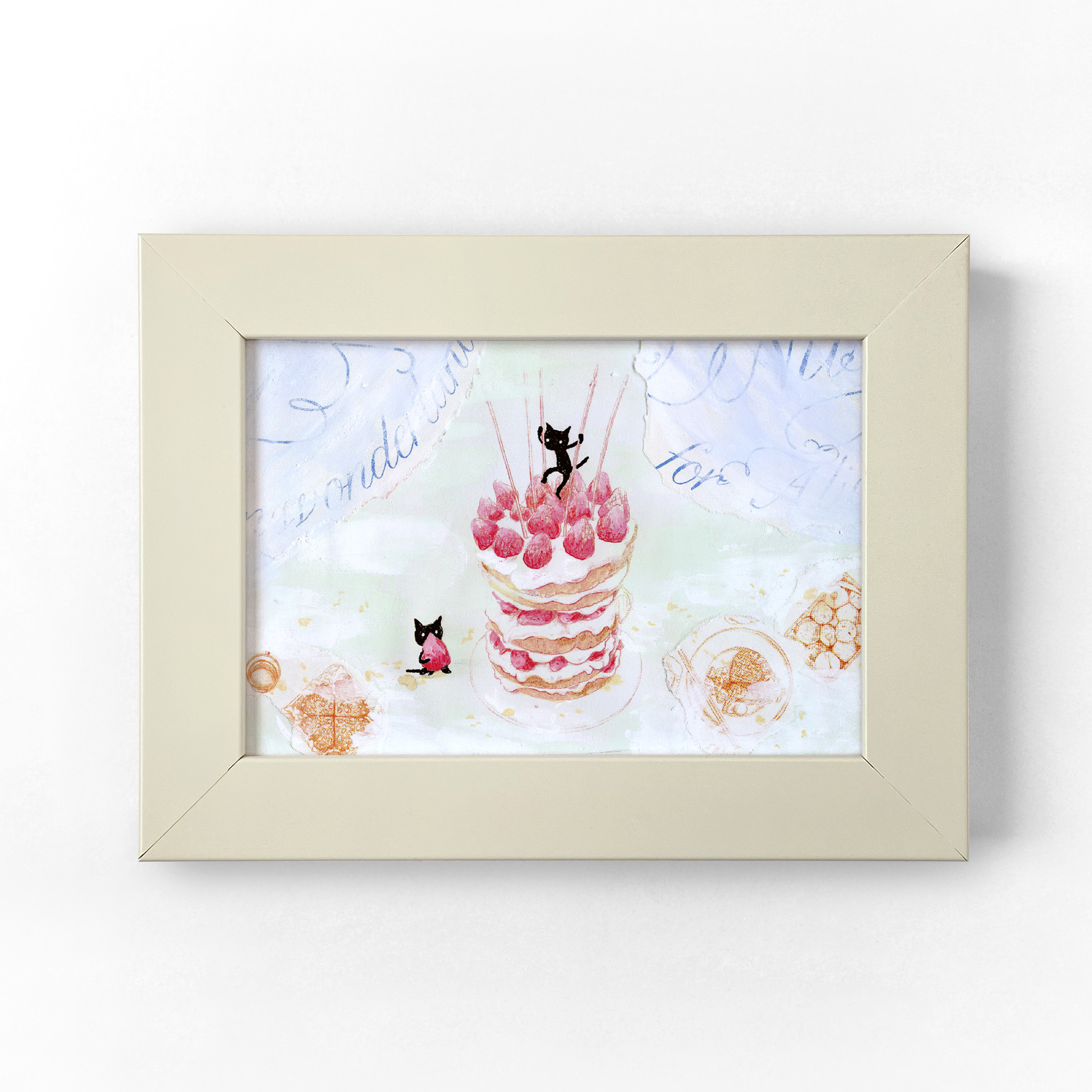 t0s10321様オーダー絵画「三匹の猫と苺パンケーキ」 原画「三匹の猫と苺パンケーキ」イラスト/アート/絵画/猫