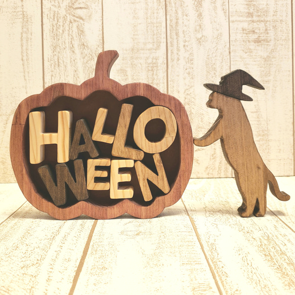 [定制] 木製貓和萬聖節字母雕像，顏色可變 | 秋季裝飾，室內裝飾，手工製作 第1張的照片