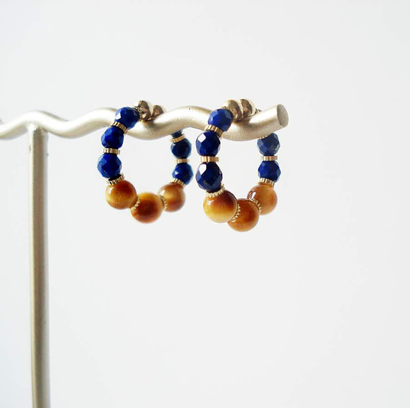Lapis Lazuli and Golden tiger eye, tiny hoop earrings (夾式耳環) 第3張的照片